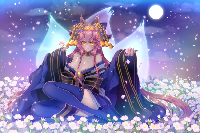 1girl animal_ear_fluff animal_ears bell blue_kimono blue_legwear blue_ribbon breasts cleavage collarbone crown fate/extra fate/grand_order fate_(series) flower fox_ears fox_girl fox_tail full_body full_moon hair_ribbon highres japanese_clothes kimono large_breasts long_hair looking_at_viewer merichi_(ogaomega) moon multiple_tails off_shoulder outdoors petals pink_hair ribbon sitting solo tail tamamo_(fate)_(all) tamamo_no_mae_(fate) very_long_hair yellow_eyes