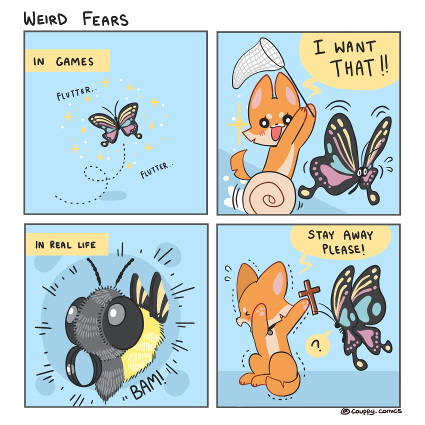 1:1 absurd_res ambiguous_gender arthropod butterfly collar comic couppy_comics cross dialogue english_text feral hi_res insect lepidopteran net text