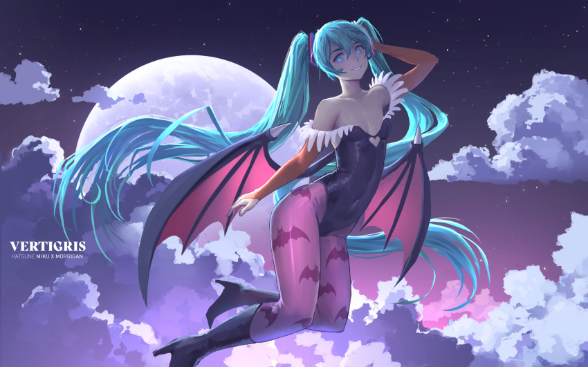 animal_print aqua_hair arm_up artist_name bare_shoulders bat_print blue_eyes character_name clothing_cutout cloud cloudy_sky collarbone cosplay covered_navel demon_wings hair_between_eyes hatsune_miku heart heart_cutout high_heels highres long_hair moon morrigan_aensland morrigan_aensland_(cosplay) outdoors sky smile star_(sky) twintails vampire_(game) vertigris very_long_hair vocaloid wings