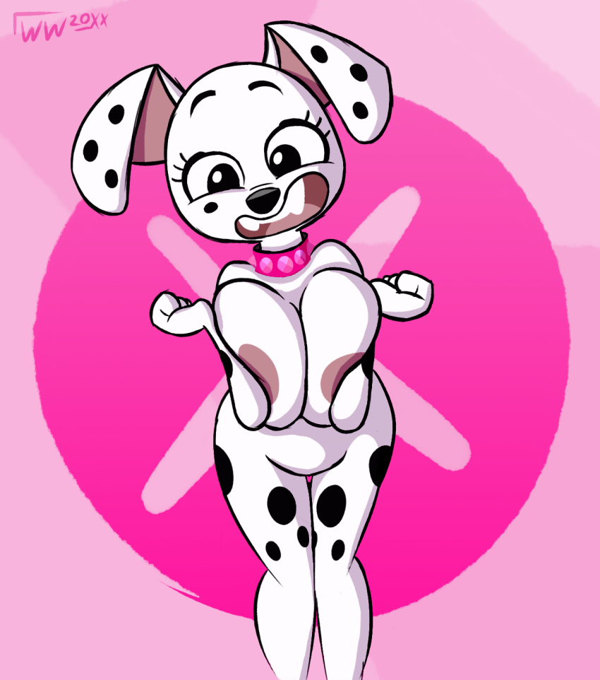 101_dalmatian_street 101_dalmatians anthro areola big_breasts black_body black_fur black_spots breasts canid canine canis collar dalmatian deja_vu_(101_dalmatians) disney domestic_dog female fur hi_res huge_breasts looking_at_viewer mammal multicolored_body multicolored_fur nude open_mouth simple_background smile solo spots spotted_body spotted_fur thigh_gap whitewolf20xx wide_hips