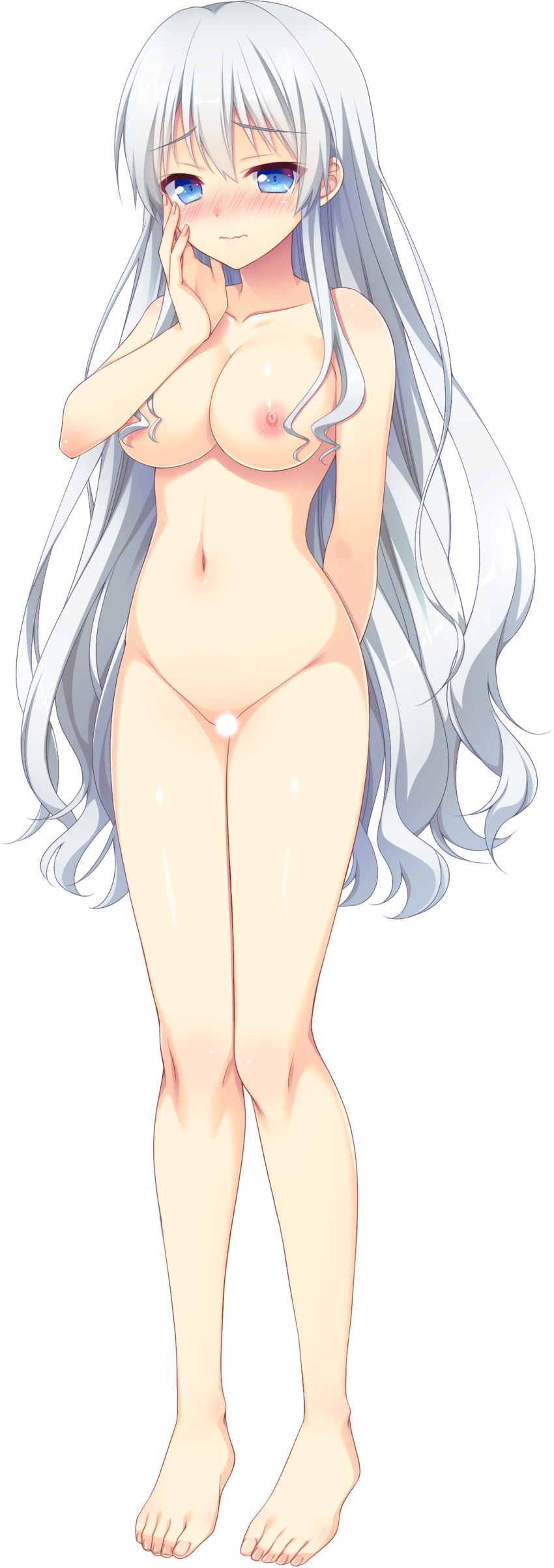 1girl absurdres arms_behind_back bangs blank_censor blue_eyes blush breasts censored collarbone completely_nude eyebrows_visible_through_hair full_body fuyuichi_monme hand_on_own_face harizome_shione highres large_breasts long_hair navel nipples nose_blush nude official_art pussy ren'ai_x_royale solo standing very_long_hair white_hair