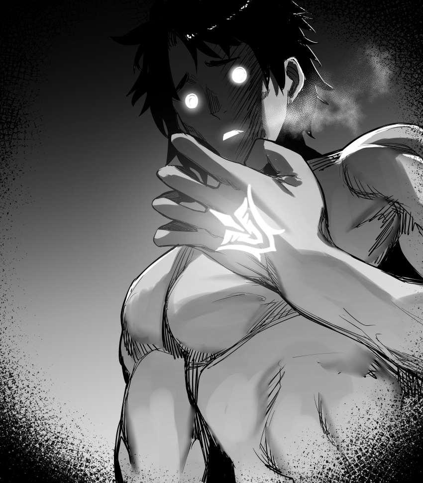 1boy absurdres bangs command_spell fate/grand_order fate_(series) fujimaru_ritsuka_(male) glowing glowing_eyes glowing_tattoo gradient gradient_background greyscale heavy_breathing highres hxd male_focus monochrome muscle nude short_hair solo spiked_hair