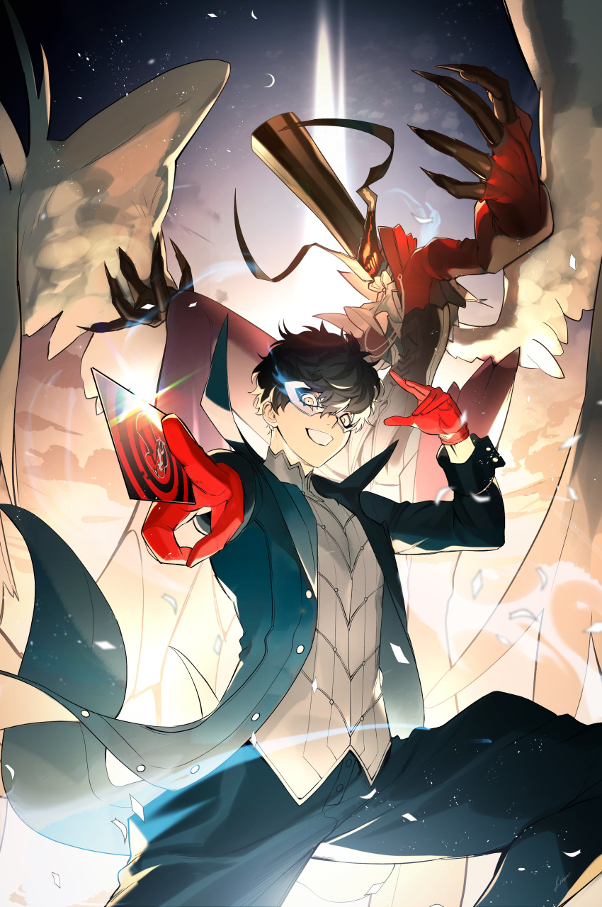 1boy absurdres amamiya_ren arsene_lupin_iii black_coat black_hair black_headwear brown_eyes btmr_game card cloud cloudy_sky coat flaming_eye glint gloves hair_between_eyes hat highres holding holding_card male_focus mask moon persona persona_5 red_gloves signature sky smile top_hat wings