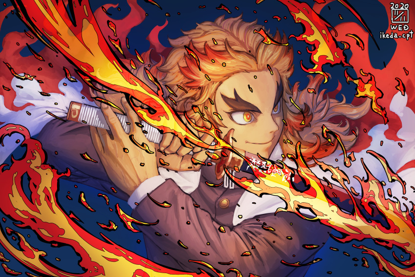 1boy blonde_hair dated fingernails fire flaming_sword flaming_weapon highres holding holding_sword holding_weapon ikeda_(cpt) katana kimetsu_no_yaiba male_focus multicolored multicolored_hair red_hair rengoku_kyoujurou signature solo sword upper_body weapon yellow_eyes