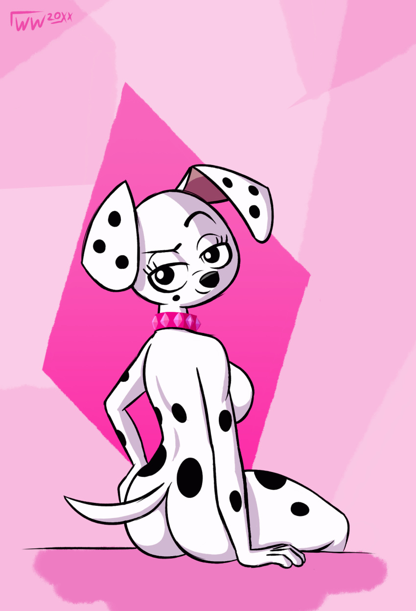 &diams; 101_dalmatian_street 101_dalmatians anthro bedroom_eyes big_breasts big_butt black_body black_fur black_spots breasts butt canid canine canis collar dallas_(101_dalmatians) dalmatian disney domestic_dog eyebrows female fur hand_on_hip hi_res looking_at_viewer looking_back mammal multicolored_body multicolored_fur narrowed_eyes nude raised_eyebrow seductive simple_background sitting smile solo spots spotted_body spotted_fur suit_symbol whitewolf20xx