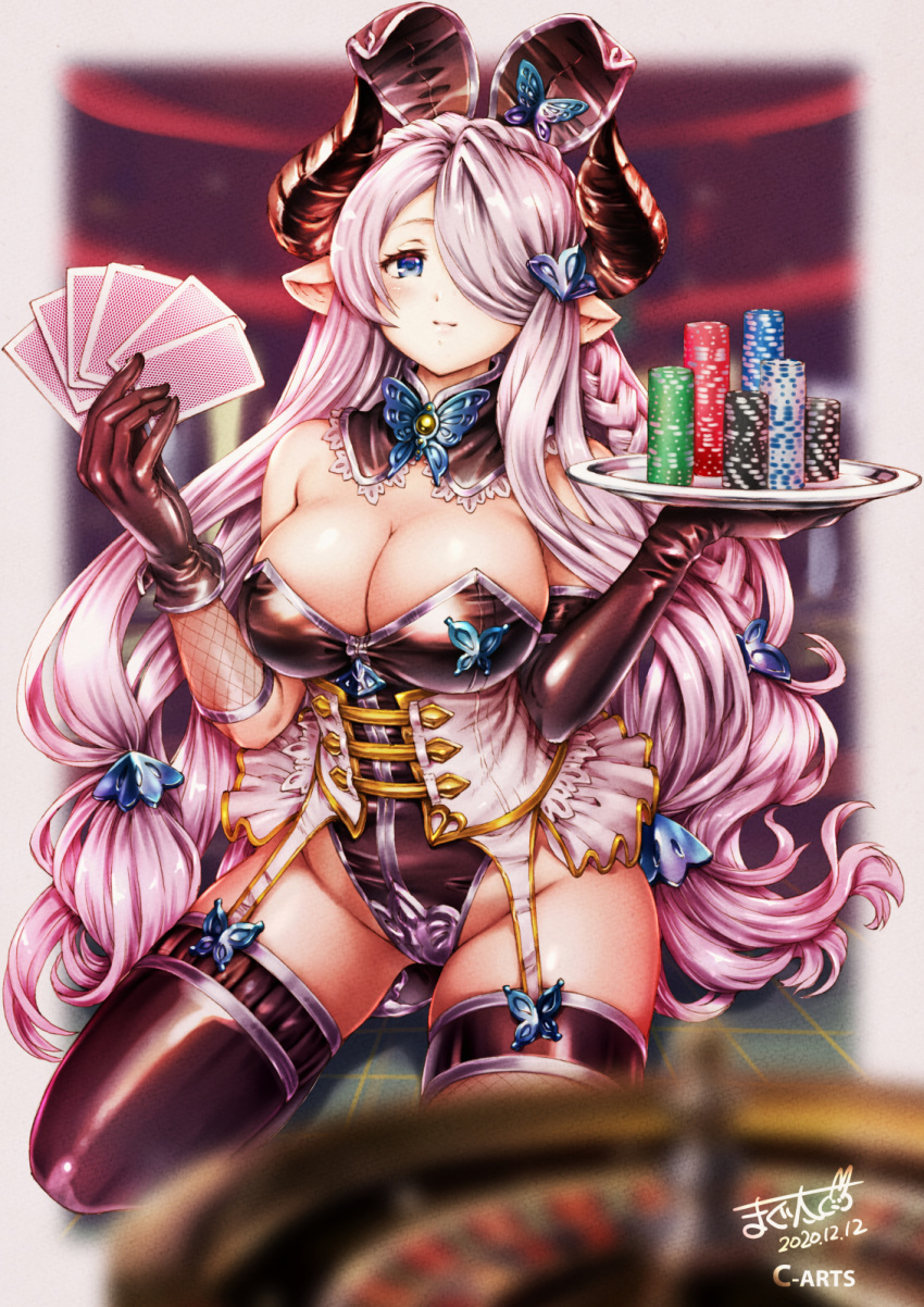 1girl asymmetrical_legwear ballpoint_pen_(medium) black_gloves black_legwear blue_eyes breasts card cleavage closed_mouth commentary_request dated draph elbow_gloves fishnet_legwear fishnets garter_straps gloves granblue_fantasy hair_ornament hair_over_one_eye highres holding holding_card horns large_breasts long_hair looking_at_viewer maguta narmaya_(granblue_fantasy) playboy_bunny pointy_ears purple_hair signature solo thighhighs traditional_media very_long_hair