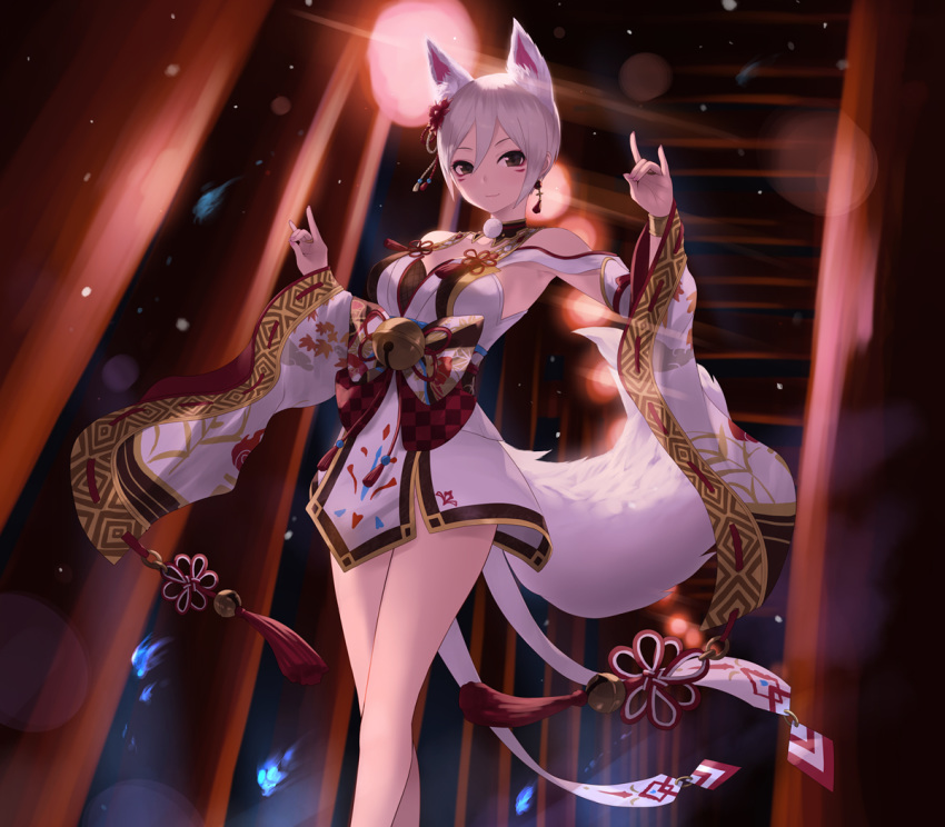 1girl animal_ear_fluff animal_ears bangs breasts cait_aron commentary_request dress earrings facial_mark feet_out_of_frame fox_ears fox_shadow_puppet fox_tail hitodama idolmaster idolmaster_cinderella_girls jewelry looking_at_viewer medium_breasts night no_panties ribbon shiomi_shuuko short_hair silver_hair sleeves smile solo tail tassel torii