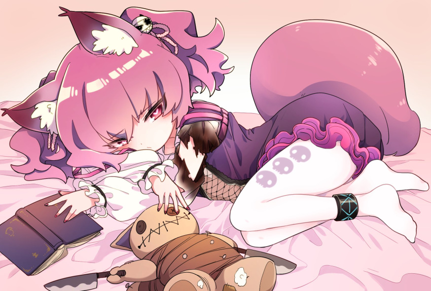 1919_decoy 1girl animal_ear_fluff animal_ears arknights bangs bed bed_sheet book burnt_clothes crop_top eyebrows_visible_through_hair fox_ears fox_girl fox_tail hair_ornament heart heart-shaped_pupils highres knife long_sleeves looking_at_viewer lying midriff on_bed on_side pantyhose print_legwear purple_eyes purple_hair purple_nails purple_vest shamare_(arknights) shirt short_hair skull_print solo stuffed_toy stuffed_wolf symbol-shaped_pupils tail twintails vest white_legwear white_shirt