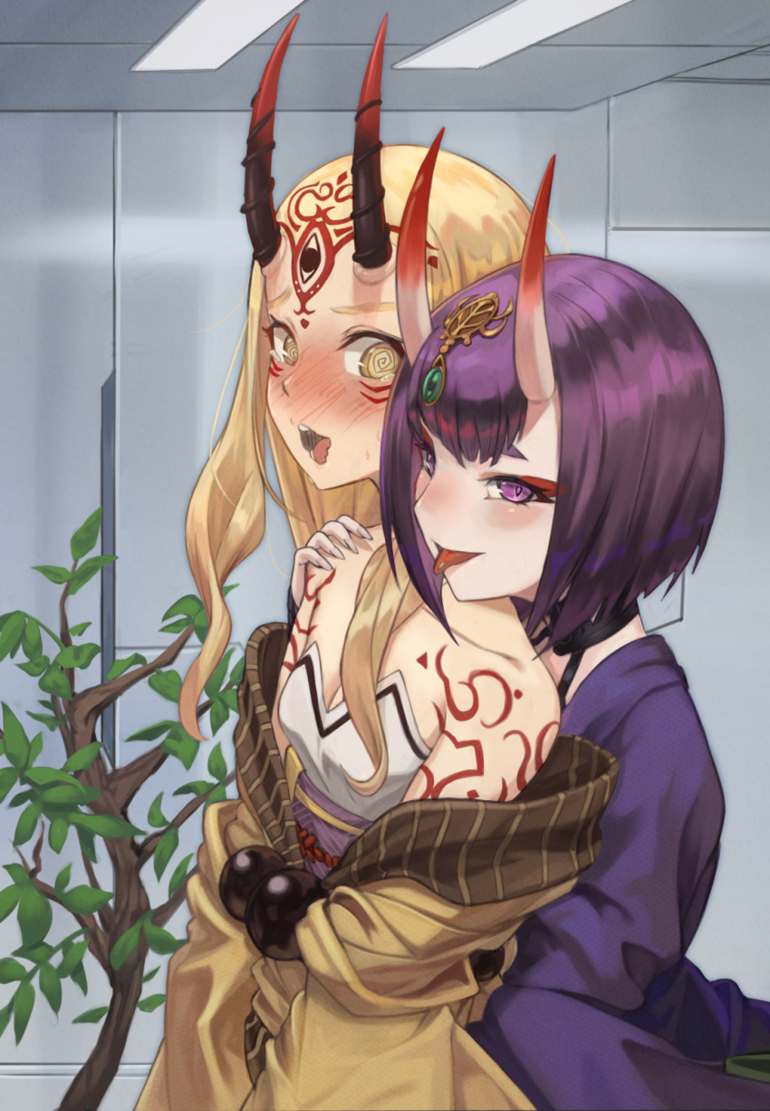 2girls :p @_@ bare_shoulders blonde_hair blush bob_cut collarbone facial_mark fate/grand_order fate_(series) hand_on_another's_shoulder highres horns ibaraki_douji_(fate/grand_order) japanese_clothes kimono long_hair looking_at_another multiple_girls ne.corn oni oni_horns open_mouth purple_eyes purple_hair purple_kimono short_hair shuten_douji_(fate/grand_order) smile tattoo tears tongue tongue_out wavy_mouth yellow_eyes yellow_kimono yuri