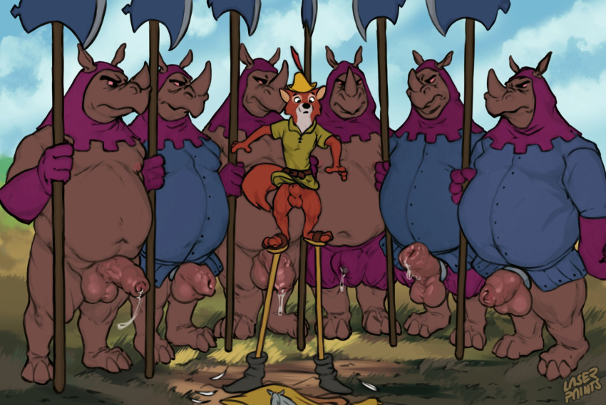 animal_genitalia anthro axe balls bottomless canid canine clothed clothing disney foreskin fox genitals group hi_res laser_(artist) long_foreskin male male/male mammal melee_weapon penis rhinocerotoid robin_hood robin_hood_(disney) sheath stilts thick_foreskin topless weapon