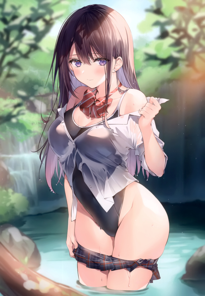 detexted necomi open_shirt school_swimsuit see_through seifuku swimsuits undressing wet wet_clothes