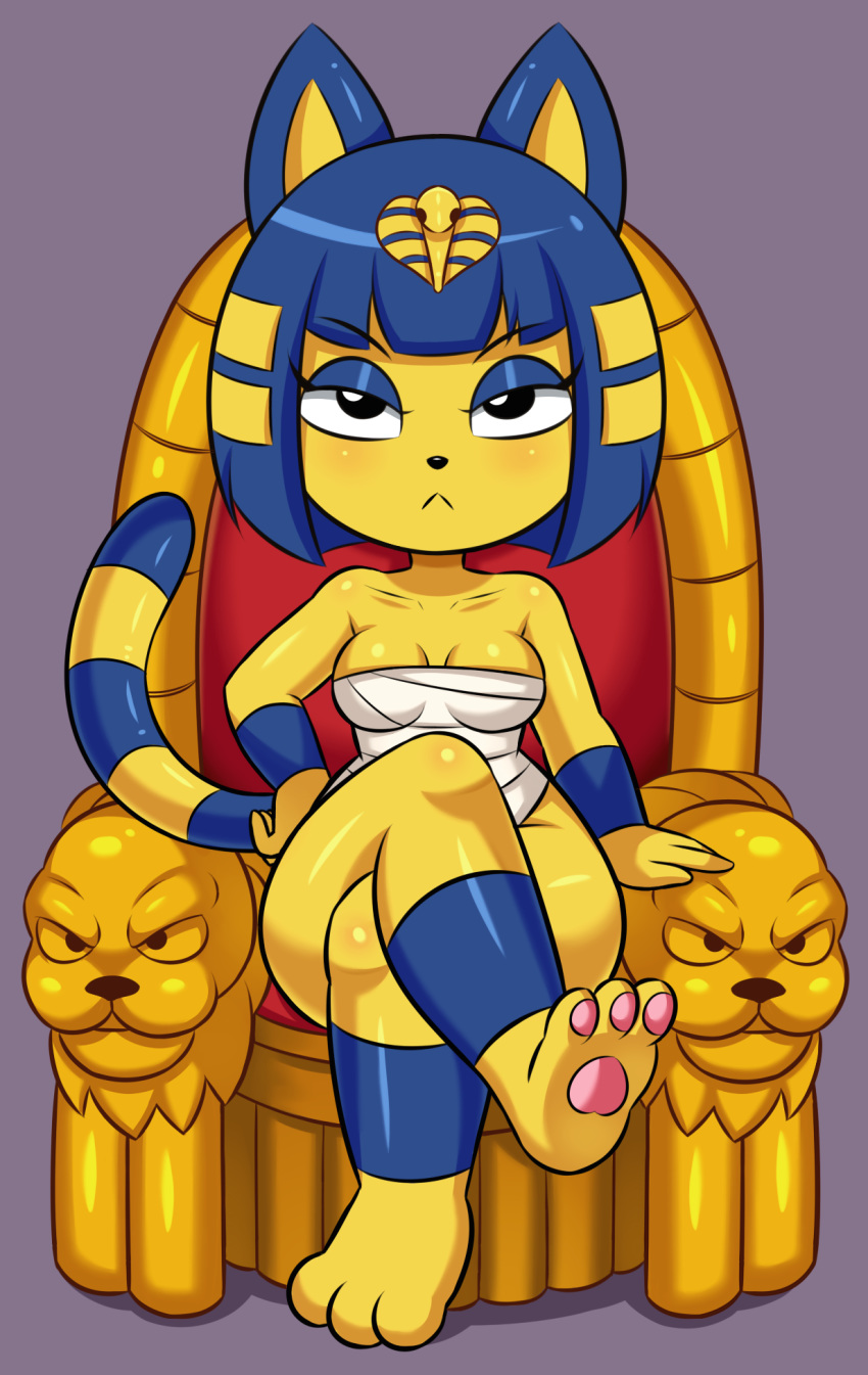 animal_crossing ankha_(animal_crossing) anthro blue_hair chest_wraps clothing domestic_cat eyelashes feet felid feline felis female genitals hair hi_res huitu_c mammal nintendo pussy thick_thighs video_games wide_hips wraps