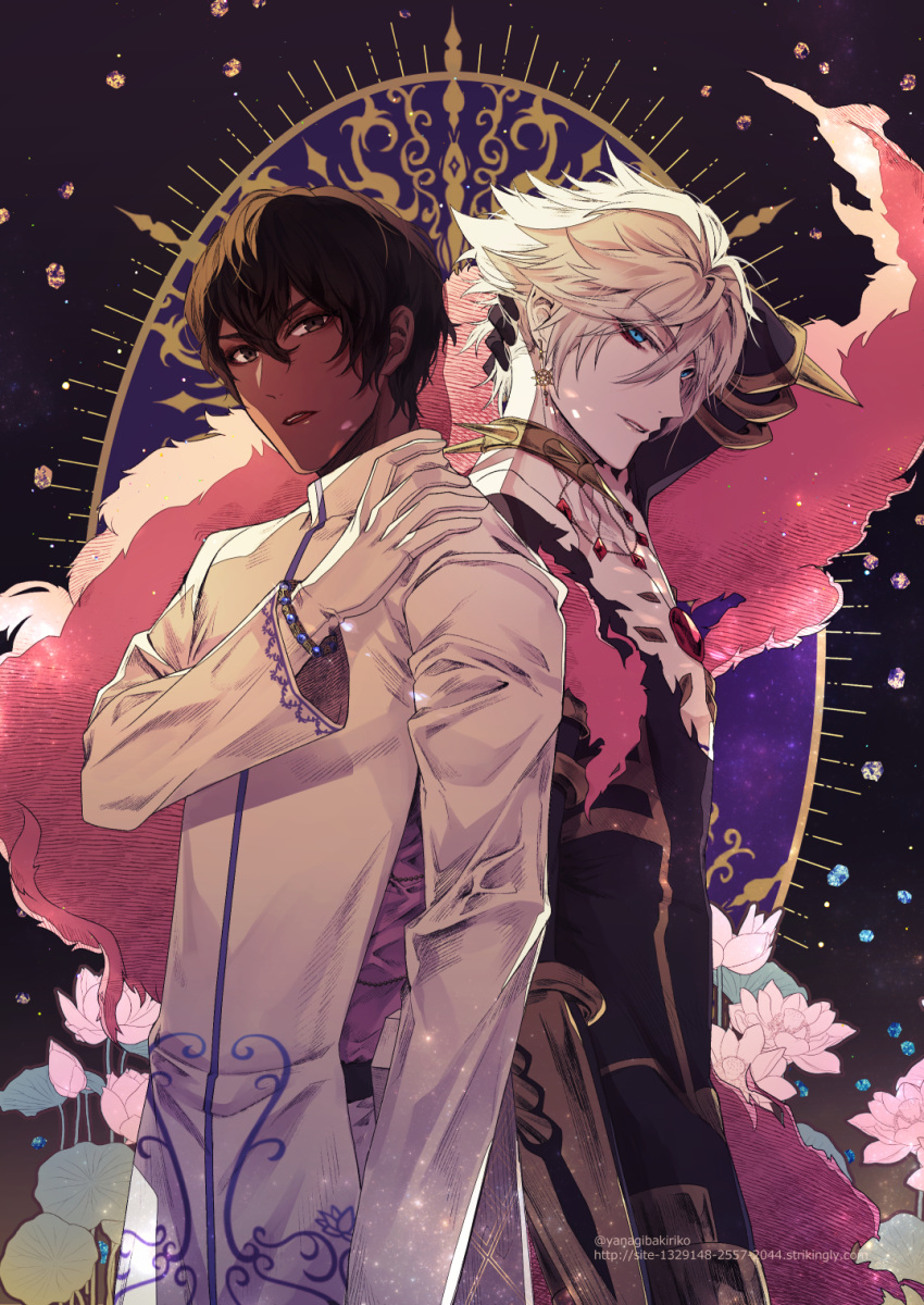 2boys arjuna_(fate/grand_order) arm_behind_head back-to-back bangs black_background black_bodysuit black_eyes black_hair blue_eyes bodysuit bracelet choker coat cowboy_shot dark_skin dark_skinned_male earrings fate/grand_order fate_(series) flower gloves hair_between_eyes hand_on_own_shoulder highres jewelry karna_(fate) long_sleeves looking_at_viewer male_focus multiple_boys open_mouth pale_skin short_hair smile standing twitter_username watermark web_address white_coat white_gloves white_hair yanagiba_kiriko