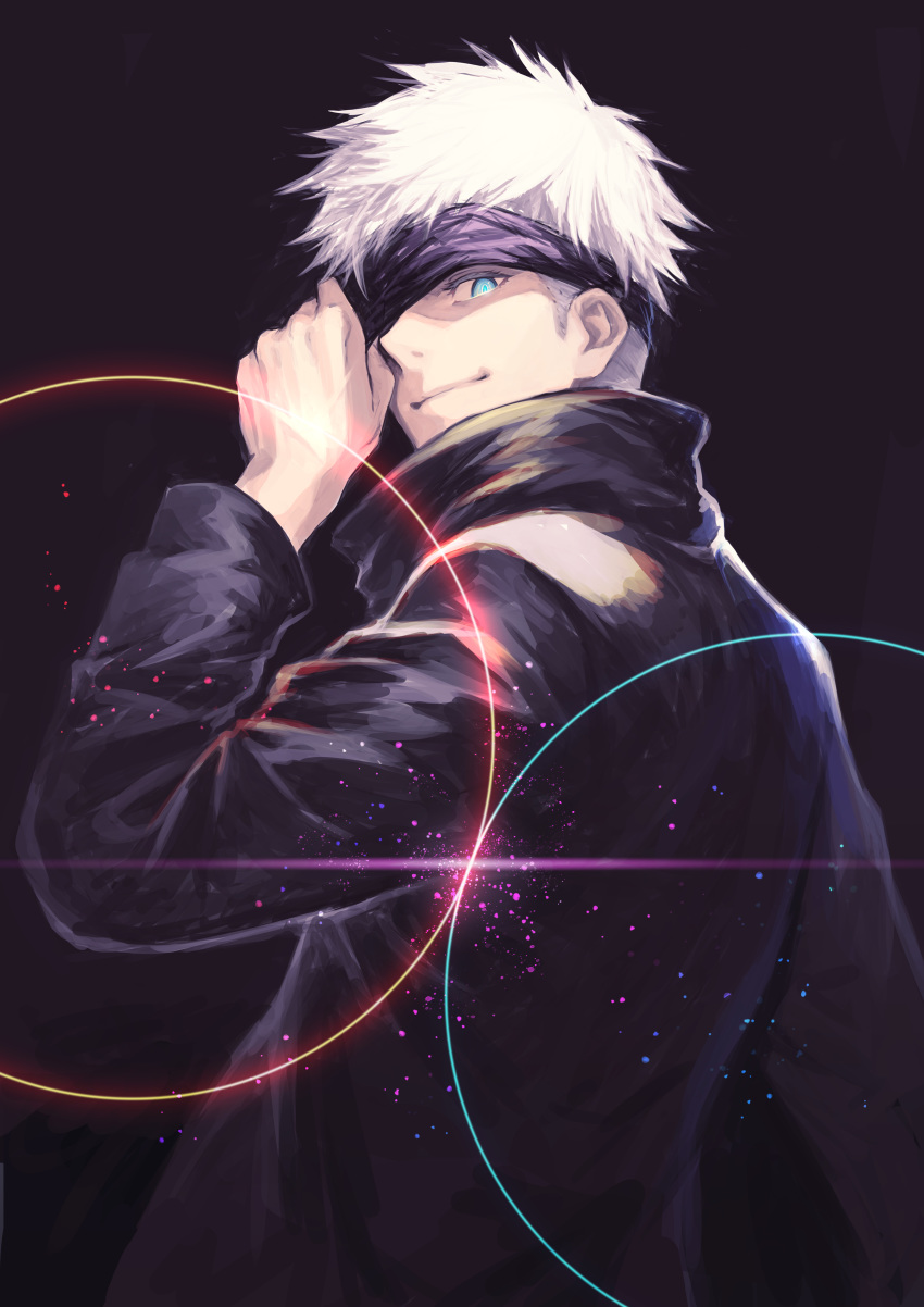 1boy absurdres black_background black_jacket blindfold blindfold_lift blue_eyes circle closed_mouth gojou_satoru hand_up high_collar highres jacket jujutsu_kaisen light_particles long_sleeves looking_at_viewer male_focus nakamura_eight one_eye_covered short_hair simple_background smile solo upper_body white_hair
