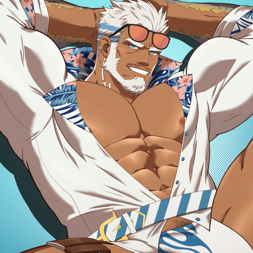 1boy abs absurdres aegir_(tokyo_houkago_summoners) arms_behind_head bara beard belt blue_background blue_eyes crestren dark_skin dark_skinned_male facial_hair floral_print highres looking_at_viewer male_focus muscle mustache nipples pectorals pubic_hair sitting solo sunglasses thick_eyebrows tokyo_houkago_summoners white_hair