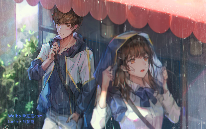 1boy 1girl awning bai_qi_(love_and_producer) blue_bow blurry bow brown_eyes brown_hair hand_in_pocket highres jacket long_hair love_and_producer open_mouth outdoors protagonist_(love_and_producer) rabbitcamilla rain shirt watermark