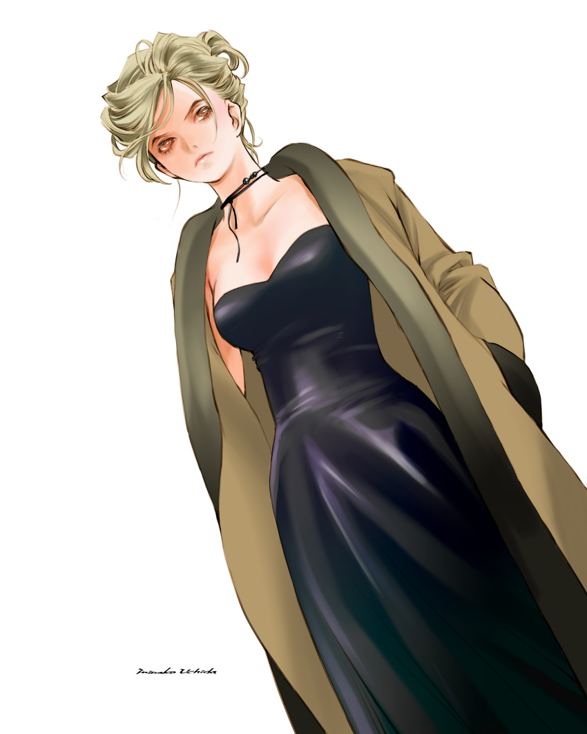 1girl absurdres black_dress blonde_hair breasts brown_coat brown_eyes cleavage coat dress dutch_angle frown hands_in_pockets highres looking_at_viewer original short_hair signature simple_background standing white_background zerra01