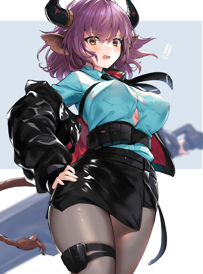 1girl animal_ears arknights bangs belt black_jacket black_skirt blue_shirt blush breasts brown_eyes commentary cowboy_shot eyebrows_visible_through_hair grey_legwear highres horns jacket large_breasts long_sleeves looking_at_viewer off_shoulder open_clothes open_jacket open_mouth pencil_skirt purple_hair shirt short_hair sideroca_(arknights) skirt solo spica_(spica_1510) standing tail thigh_strap thighs