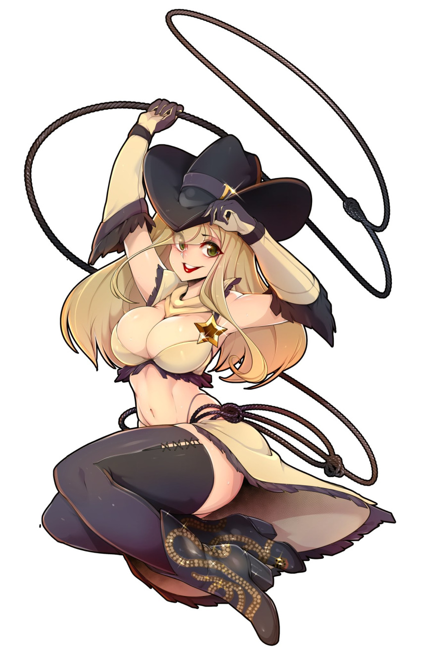 :d ankle_boots bandana bikini black_footwear black_headwear blonde_hair boots breasts commentary cowboy_hat elbow_gloves english_commentary full_body glint gloves green_eyes grey_gloves grey_legwear hand_on_headwear hand_up hat high_heel_boots high_heels highres holding_lasso large_breasts lasso lipstick long_hair looking_at_viewer makeup multicolored multicolored_clothes multicolored_gloves navel open_mouth original red_lips red_lipstick sheriff_badge simple_background slugbox smile swimsuit thighhighs waist_cape white_background