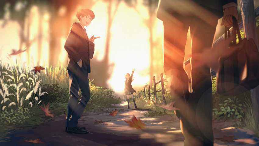 1girl 2boys :d absurdres arm_up autumn_leaves bag black_footwear black_legwear black_pants blazer bookbag brown_hair fence grass highres huge_filesize jacket kneehighs lens_flare macaronk multiple_boys open_mouth original outdoors pants scenery school_uniform skirt smile standing waving