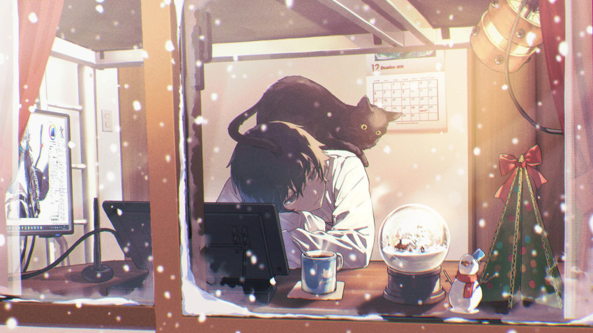 1boy animal_on_shoulder black_cat black_eyes black_hair calendar_(object) cat cat_on_shoulder crossed_arms cup drawing_tablet highres hunched_over light_oooo looking_to_the_side male_focus monitor mug original snow_globe snowing snowman solo yellow_eyes