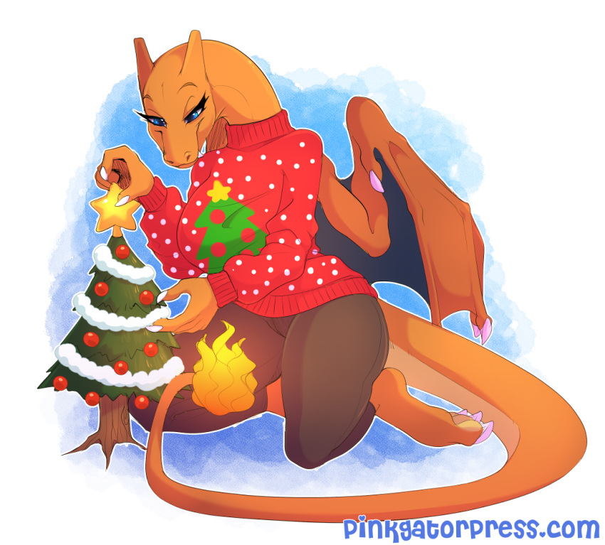 2020 anthro blue_eyes bottomwear chari-gal charizard christmas christmas_tree claws clothed clothing female fire flaming_tail fully_clothed holidays macro nintendo pants pok&eacute;mon pok&eacute;mon_(species) seamen solo sweater text toe_claws topwear tree url video_games wings