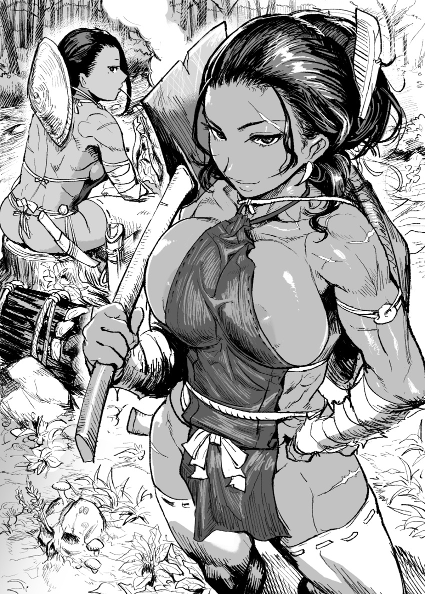 2girls apron areola_slip areolae axe bandages bangs bare_shoulders black_hair breasts cleavage collarbone comb dark_skin dark_skinned_female gesogeso greyscale hat highres holding holding_axe large_breasts long_hair looking_at_viewer monochrome multiple_girls muscle naked_apron nude original scar scar_on_face short_hair simple_background skull smile swept_bangs thighhighs thighs weapon