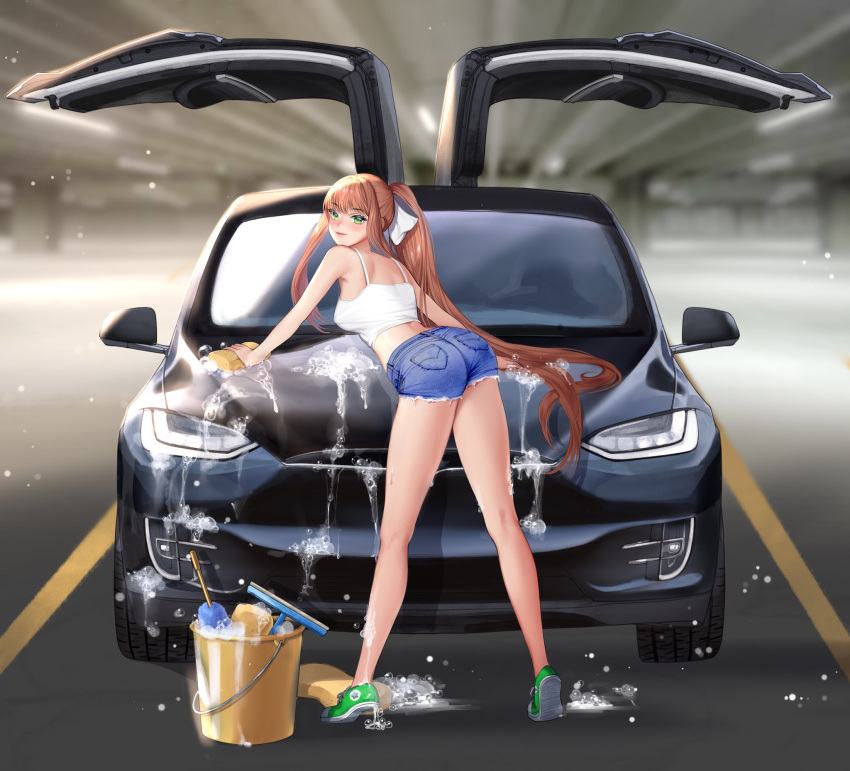 1girl ass bare_arms bare_shoulders blurry blurry_background blush breasts brown_hair bucket car car_wash commentary commission crop_top cutoffs doki_doki_literature_club english_commentary from_behind full_body green_eyes ground_vehicle gullwing_doors hair_ribbon highres kneepits leaning_forward legs legs_apart long_hair looking_at_viewer looking_back medium_breasts monika_(doki_doki_literature_club) motor_vehicle ponytail potetos7 ribbon short_shorts shorts sidelocks smile soap_bubbles solo sponge very_long_hair white_ribbon