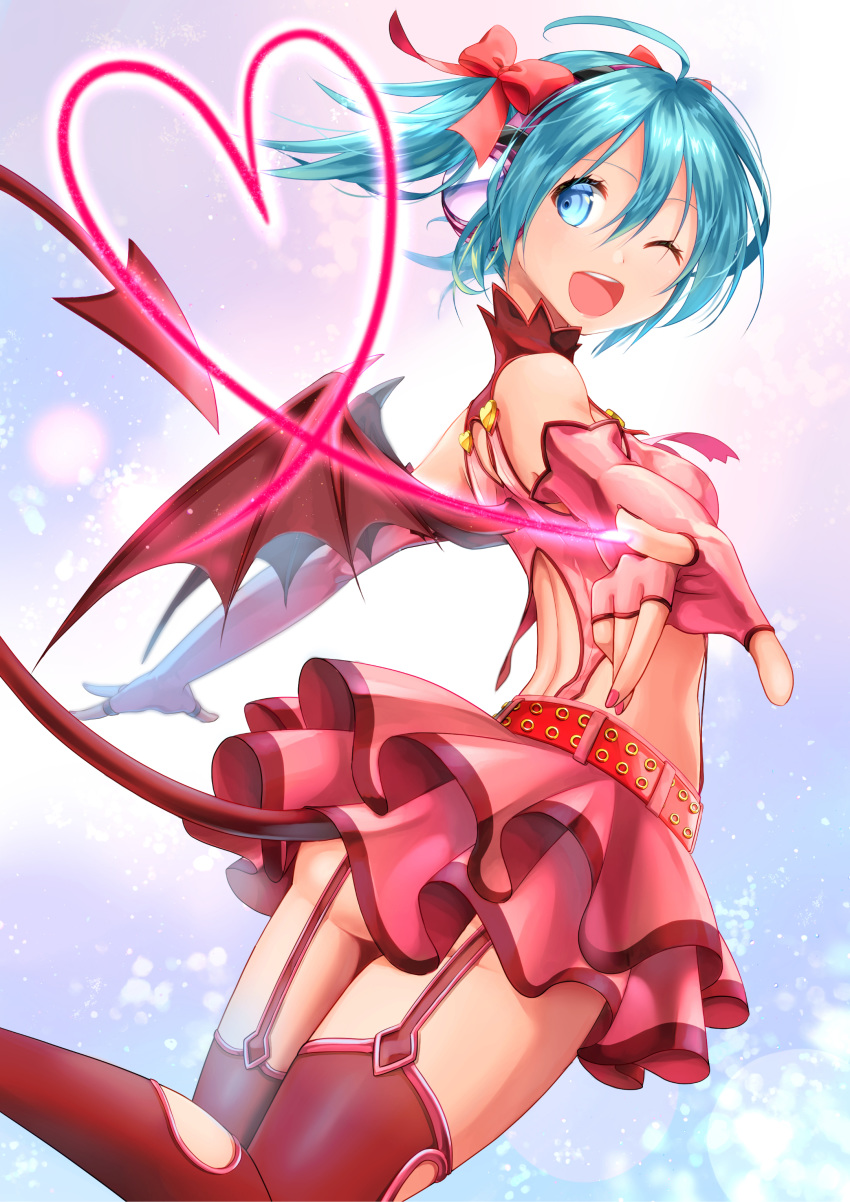1girl absurdres ahoge aira_(exp) aqua_hair bare_shoulders belt commentary crop_top demon_tail demon_wings elbow_gloves fingerless_gloves from_behind garter_straps gloves hair_ribbon hatsune_miku headphones heart heart_hunter_(module) highres looking_back medium_hair miniskirt nail_polish one_eye_closed outstretched_arms pink_gloves project_diva_(series) red_legwear red_nails red_shirt red_skirt ribbon shirt skirt smile solo tail thighhighs twintails vocaloid wings