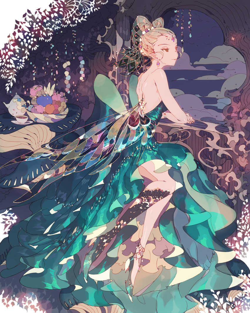 1girl backless_dress backless_outfit bare_shoulders blonde_hair cloud double_bun dress green_dress highres iridescent lemming_no_suana long_dress original wings