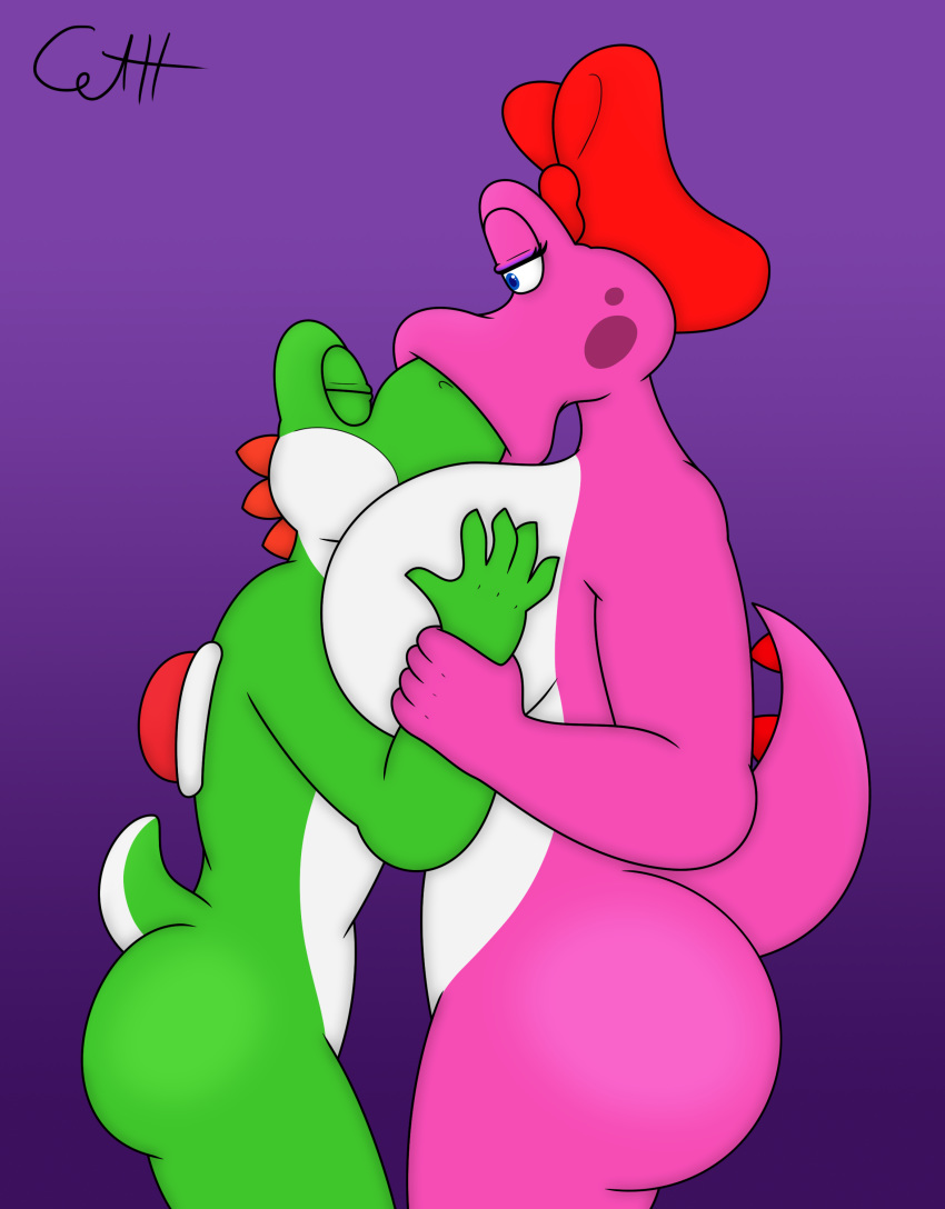 absurd_res accessory anthro big_breasts big_butt birdo blue_eyes breasts butt convenient_censorship dinosaur duo eyes_closed female green_body green_yoshi hair_accessory hair_bow hair_ribbon half-closed_eyes hand_on_breast hi_res holding_arm kissing kissing_nose larger_female male male/female mario_bros narrowed_eyes nintendo nude pink_body purple_background reptile ribbons scalie simple_background size_difference skunkdude13 smaller_male standing thick_thighs video_games wide_hips yoshi