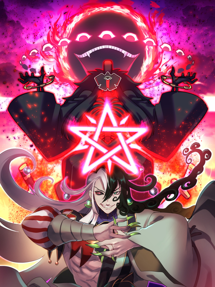 1boy arms_up ashiya_douman_(fate) bell black_hair commentary_request extra_eyes fangs fate/grand_order fate_(series) fingernails green_eyes hair_bell hair_between_eyes hair_ornament heterochromia highres long_fingernails long_hair long_sleeves muscle open_mouth pentagram red_eyes smile solo tomoyohi white_hair wide_sleeves