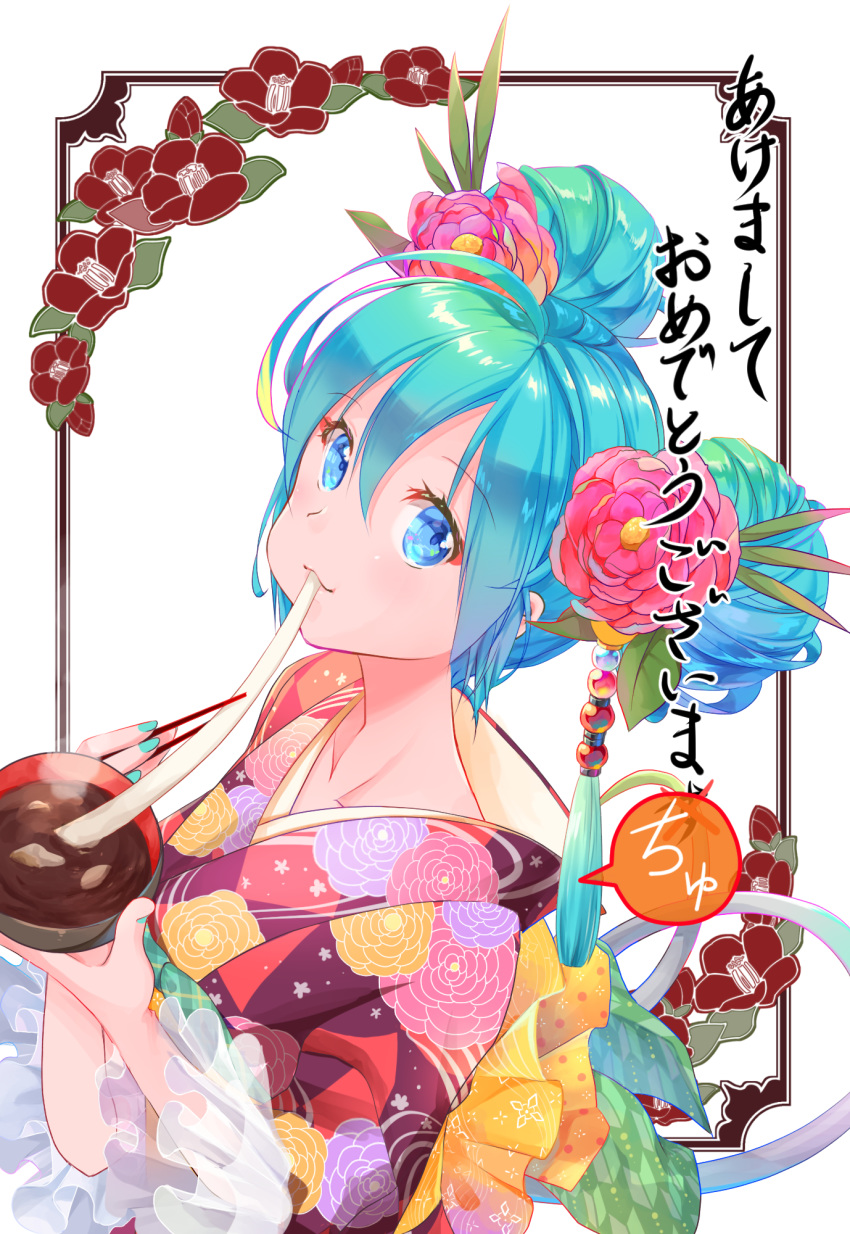 1girl :3 aira_(exp) akeome aqua_hair aqua_nails beads blue_eyes bowl chopsticks collarbone commentary double_bun eating floral_print flower flower_request framed_image from_above hair_beads hair_bun hair_ornament happy_new_year hatsune_miku highres holding holding_bowl holding_chopsticks japanese_clothes kimono looking_at_viewer mochi nail_polish new_year peony_(flower) pink_flower purple_kimono smile solo translated twintails upper_body vocaloid zouni_soup