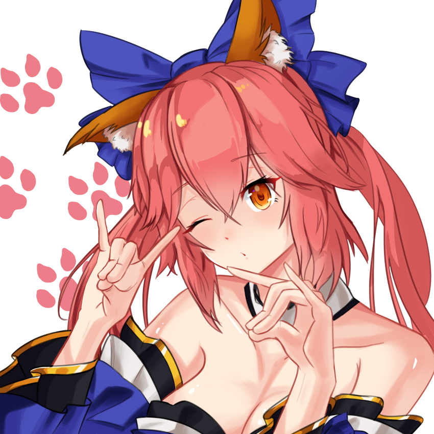 1girl absurdres animal_ear_fluff animal_ears artist_request bare_shoulders blue_kimono blue_ribbon breasts cleavage detached_sleeves double_fox_shadow_puppet eyebrows_visible_through_hair fang fate/extella fate/extra fate/grand_order fate_(series) fox_ears fox_girl fox_shadow_puppet hair_ribbon highres japanese_clothes kimono large_breasts looking_at_viewer one_eye_closed pink_hair ribbon solo tamamo_(fate)_(all) tamamo_no_mae_(fate) yellow_eyes