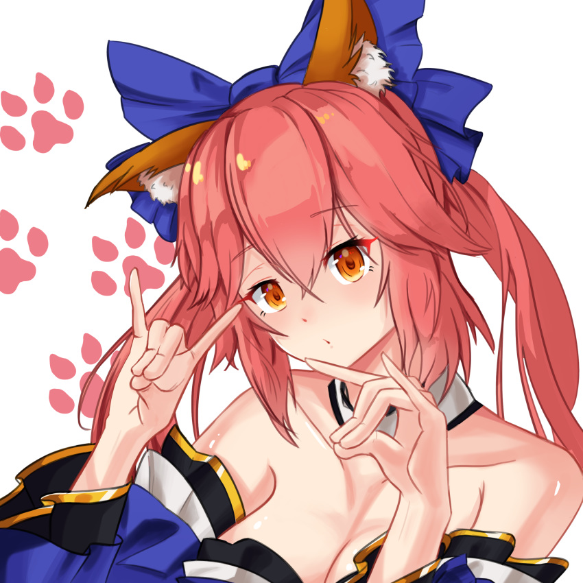 1girl absurdres animal_ear_fluff animal_ears artist_request bare_shoulders blue_kimono blue_ribbon breasts cleavage detached_sleeves double_fox_shadow_puppet eyebrows_visible_through_hair fang fate/extella fate/extra fate/grand_order fate_(series) fox_ears fox_girl fox_shadow_puppet hair_ribbon highres japanese_clothes kimono large_breasts looking_at_viewer pink_hair ribbon solo tamamo_(fate)_(all) tamamo_no_mae_(fate) yellow_eyes