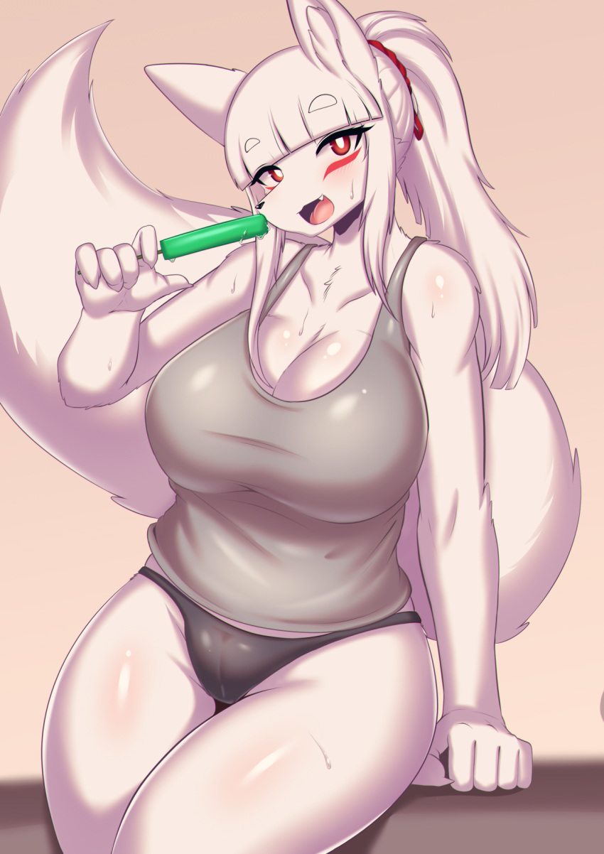 anthro bangs big_breasts bodily_fluids breasts camel_toe canid canine cleavage clothed clothing cute_fangs eyeshadow female food fox fur hair hi_res high_school_inari_tamamo-chan holding_food holding_object holding_popsicle leaning leaning_back makeup mammal open_mouth open_smile panties ponytail popsicle red_eyes red_eyeshadow scrunchie shirt simple_background smile solo sweat tailzkim tamamo-chan's_a_fox tamamo_fushimi tank_top topwear underwear white_body white_fur white_hair