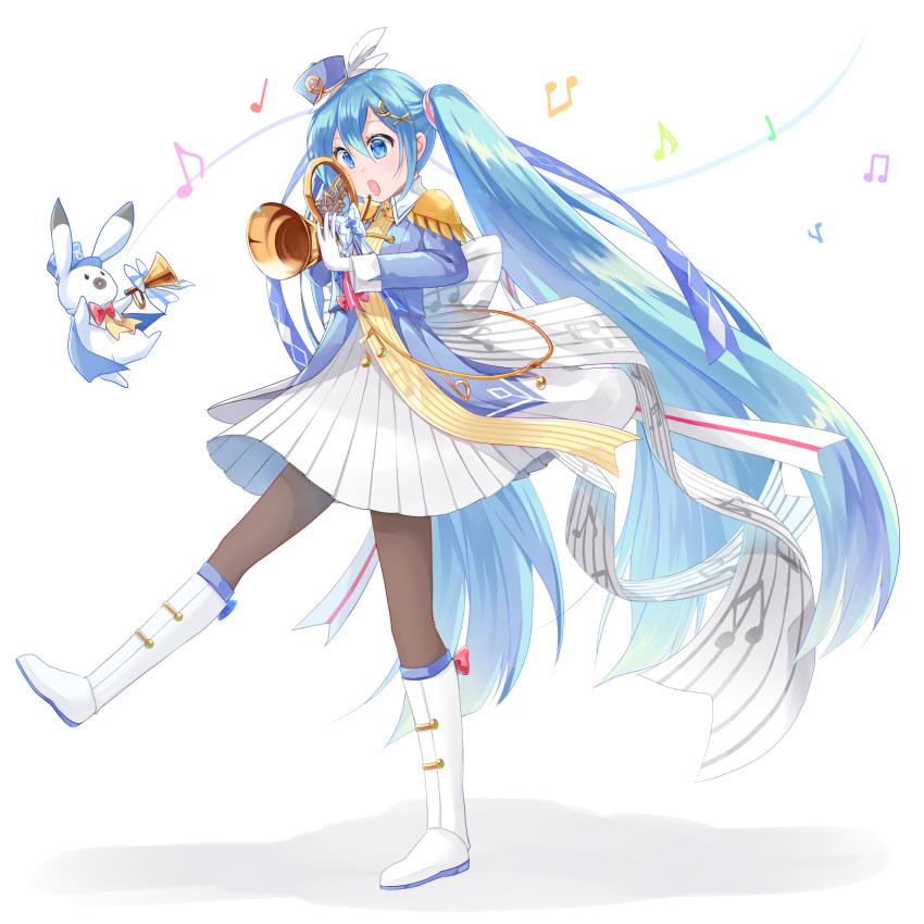 1girl 1other absurdres aira_(exp) aqua_eyes aqua_hair argyle_print band_uniform beamed_eighth_notes blue_headwear blue_jacket boots bow bowtie bunny commentary eighth_note floating french_horn full_body gloves hair_ornament hair_ribbon hairclip hat_feather hatsune_miku highres holding holding_instrument instrument jacket knee_boots long_hair mini_shako_cap musical_note open_mouth pantyhose pleated_skirt quarter_note rabbit_yukine ribbon skirt striped striped_ribbon trumpet twintails very_long_hair vocaloid walking white_footwear white_gloves white_skirt yuki_miku yuki_miku_(2020)