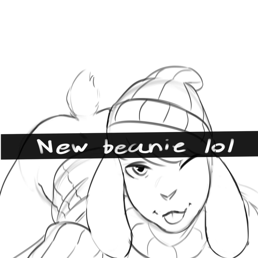 1:1 ambiguous_gender anthro ass_up beanie bottomless butt caption clothed clothing fishboner_(artist) fur hat headgear headwear hi_res lagomorph leporid long_ears looking_at_viewer mammal monochrome one_eye_closed rabbit smile snapchat solo suggestive_pose sweater tongue tongue_out topwear wink winking_at_viewer