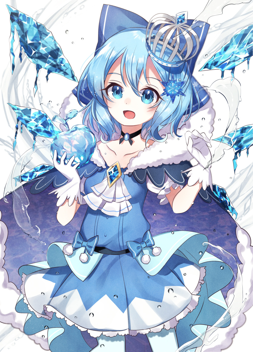 1girl absurdres ametama_(runarunaruta5656) arms_up black_choker black_neckwear blue_cape blue_dress blue_eyes blue_hair blue_legwear bow breasts brooch cape choker cirno collarbone commentary cowboy_shot cravat crown dress embellished_costume fur-trimmed_cape fur_trim gloves hair_between_eyes hair_bow hair_ornament highres holding ice jewelry layered_skirt leaning_to_the_side looking_at_viewer mini_crown open_mouth pantyhose pom_pom_(clothes) sapphire_(gemstone) short_hair skirt small_breasts snowflake_hair_ornament solo standing strapless strapless_dress symbol_commentary touhou water white_background white_gloves wings