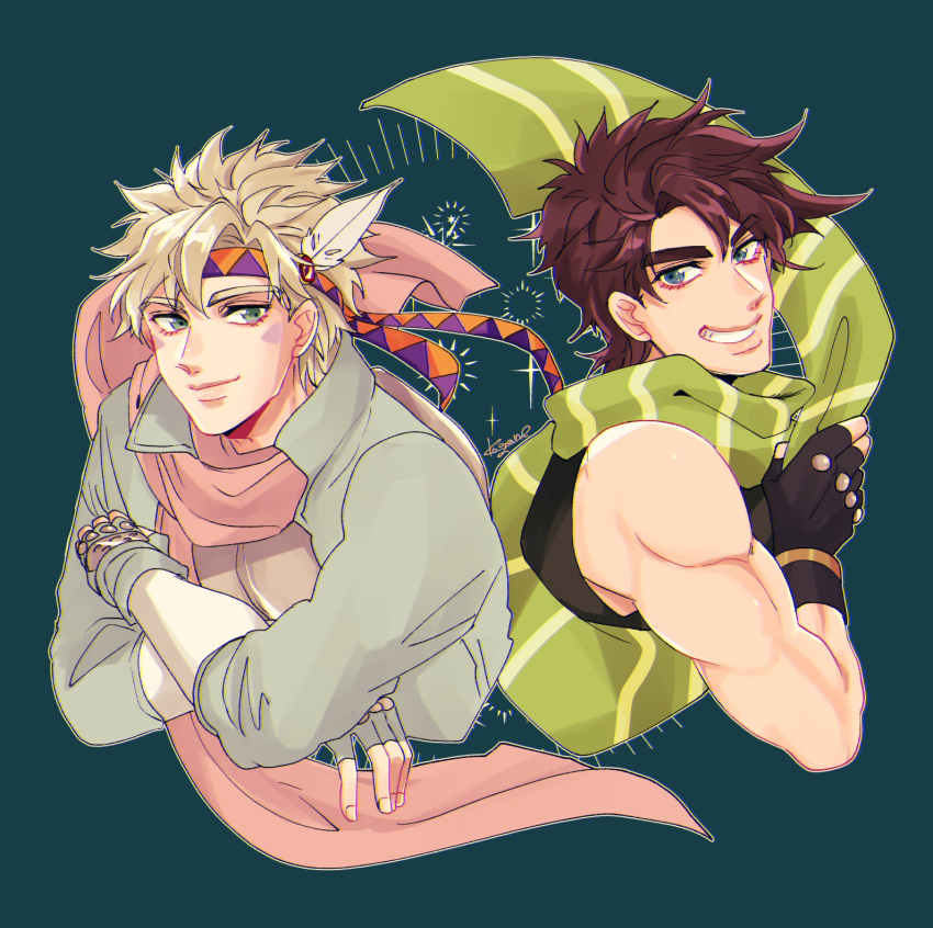 2boys artist_name battle_tendency black_gloves black_shirt blonde_hair blue_background blue_eyes blue_gloves brown_hair caesar_anthonio_zeppeli chromatic_aberration facial_mark feathers fingerless_gloves gloves green_eyes green_scarf hair_feathers headband highres jacket jojo_no_kimyou_na_bouken joseph_joestar_(young) kogatarou long_sleeves male_focus multiple_boys muscle pink_scarf scarf shirt short_hair signature simple_background smile thick_eyebrows