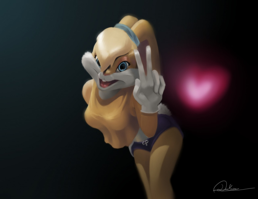 &lt;3 2020 anthro bent_over big_breasts black_background blonde_hair blue_eyes breasts clothed clothing darkanine121212 female fur gesture hair hand_on_hip lagomorph leporid lola_bunny looking_at_viewer looney_tunes mammal open_mouth pose rabbit simple_background smile solo standing teeth tongue v_sign warner_brothers wide_hips