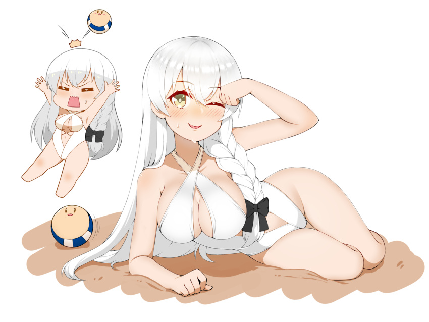 1girl ;p =_= armpits arms_up azur_lane bangs bare_shoulders beach_volleyball black_bow blush bow braid breasts cap105 chibi chibi_inset cleavage collarbone commentary_request criss-cross_halter dojikko_pose eyebrows_visible_through_hair full_body hair_between_eyes halterneck hermione_(azur_lane) hermione_(pure_white_holiday)_(azur_lane) highres large_breasts long_hair looking_at_viewer low_tied_hair lying motion_lines navel navel_piercing official_alternate_costume on_side one-piece_swimsuit one_eye_closed open_mouth piercing sand shadow sidelocks silver_hair simple_background single_braid smile sweat swimsuit tongue tongue_out very_long_hair white_background white_swimsuit yellow_eyes
