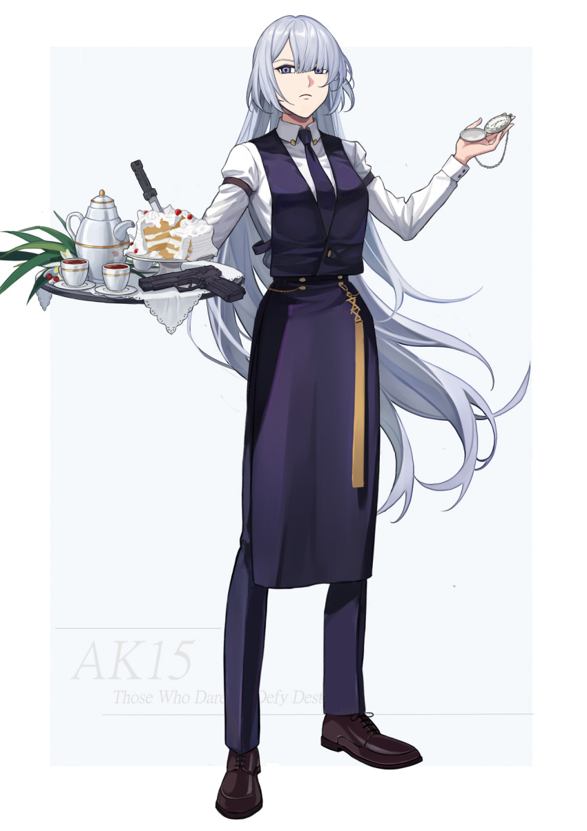 1girl ak-15_(girls_frontline) apron brown_footwear character_name closed_mouth english_text eyebrows_visible_through_hair girls_frontline gun highres holding long_hair looking_at_viewer necktie pants purple_apron purple_eyes purple_neckwear purple_pants purple_vest shirt shoes silayloe silver_hair solo standing tagme vest watch weapon white_background white_shirt