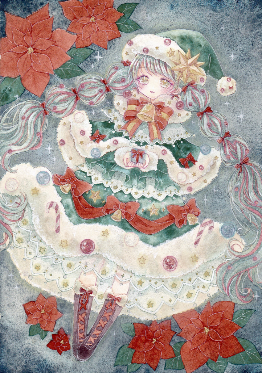 absurdres amu_(m_aa) boots braid christmas christmas_ornaments flower fur_trim gift hat highres holding holding_gift lying multicolored_hair original poinsettia ribbon santa_hat sparkling_eyes traditional_media twin_braids watercolor_(medium) yellow_eyes