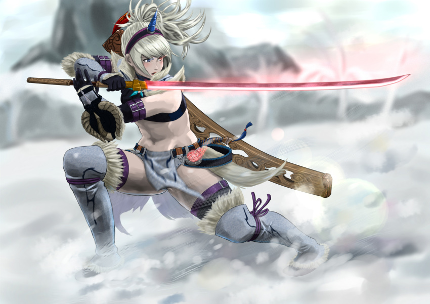 1girl absurdres aniy_ambitious arm_belt bandeau bangs bare_shoulders black_bandeau black_footwear black_gloves blue_eyes breasts buckler commentary_request elbow_gloves eyebrows_visible_through_hair full_body fur fur-trimmed_legwear fur_trim gloves glowing glowing_eye glowing_sword glowing_weapon grey_legwear groin hairband highres holding holding_sword holding_weapon horns kirin_(armor) loincloth looking_to_the_side medium_breasts midriff monster_hunter monster_hunter:_world mountain navel outdoors parted_lips sheath shield sidelocks single_horn snow solo standing sword thighhighs tied_hair toned unsheathed weapon white_hair