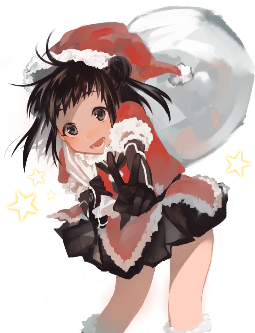 1girl bangs black_eyes black_gloves black_hair black_neckwear blush double_bun elbow_gloves fur_trim gloves hat highres holding holding_sack kantai_collection kumofuki naka_(kantai_collection) neckerchief open_mouth sack sailor_collar santa_costume santa_hat short_hair simple_background skirt solo star_(symbol) v white_background