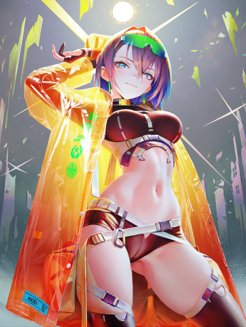 1girl absurdres arata_yokoyama arms_behind_head blue_eyes blush breasts brown_hair crop_top earrings eyewear_on_head gloves highres jewelry light_smile looking_at_viewer medium_breasts micro_shorts navel original partially_fingerless_gloves pouch raincoat see-through short_hair shorts solo strap sunglasses sunlight thighhighs thighs
