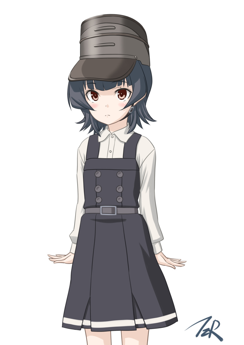 1girl arare_(kantai_collection) artist_logo black_hair brown_eyes cowboy_shot dress hat highres kantai_collection long_sleeves looking_at_viewer pinafore_dress remodel_(kantai_collection) shirt short_hair simple_background solo t2r white_background white_shirt