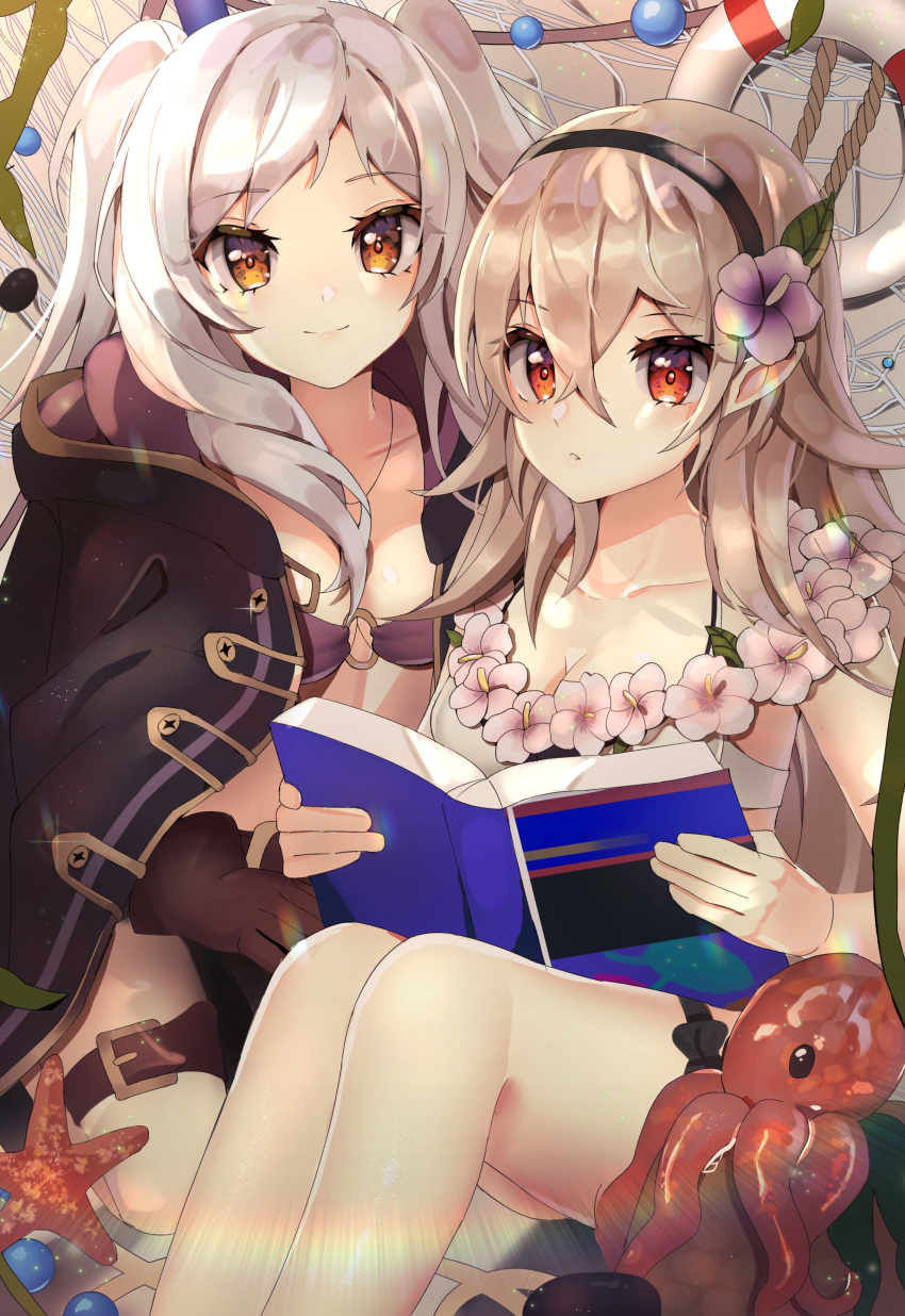2girls absurdres bangs basket bikini black_cape black_hairband black_ribbon blush book breasts brown_gloves buckle buttons cape cappukappa cleavage closed_mouth collarbone colored_eyelashes corrin_(fire_emblem) corrin_(fire_emblem)_(female) english_commentary eyebrows_visible_through_hair fire_emblem fire_emblem_awakening fire_emblem_fates fire_emblem_heroes flower flower_necklace gloves gold_trim hair_between_breasts hair_between_eyes hair_flower hair_ornament hairband highres holding holding_book jewelry kneeling leaf lifebuoy light_brown_hair lips long_hair looking_at_viewer medium_breasts multiple_girls necklace net o-ring o-ring_bikini octopus orange_eyes parted_bangs pointy_ears purple_bikini ribbon robin_(fire_emblem) robin_(fire_emblem)_(female) rope seaweed shadow sitting smile starfish swimsuit thigh_strap thighs twintails white_bikini white_hair yellow_eyes