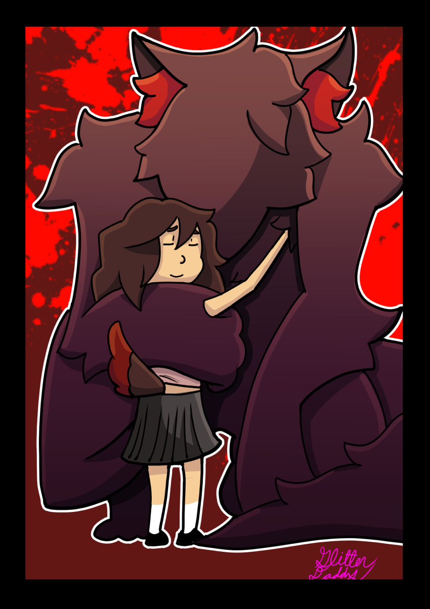 anthro daughter duo eyeless father father_and_child father_and_daughter female halfbreed hi_res hug humanoid illustration male monster parent parent_and_child simple_background size_difference sk8th